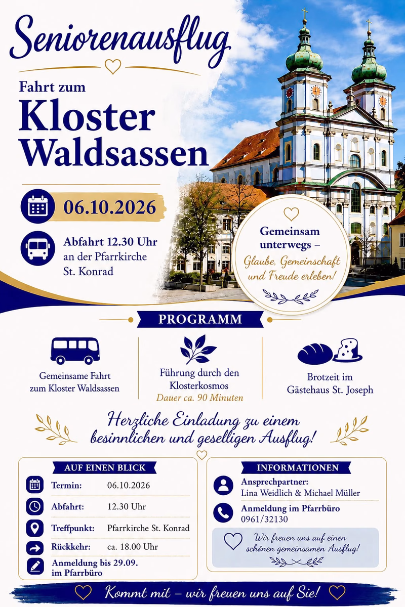 Seniorenausflug, Fahrt zum Kloster Waldsassen, 06.10.2026
